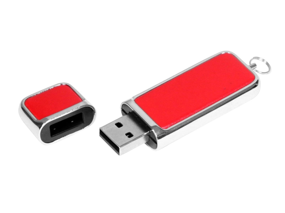 USB 2.0- флешка на 64 Гб компактной формы, красный, серебристый, кожзам