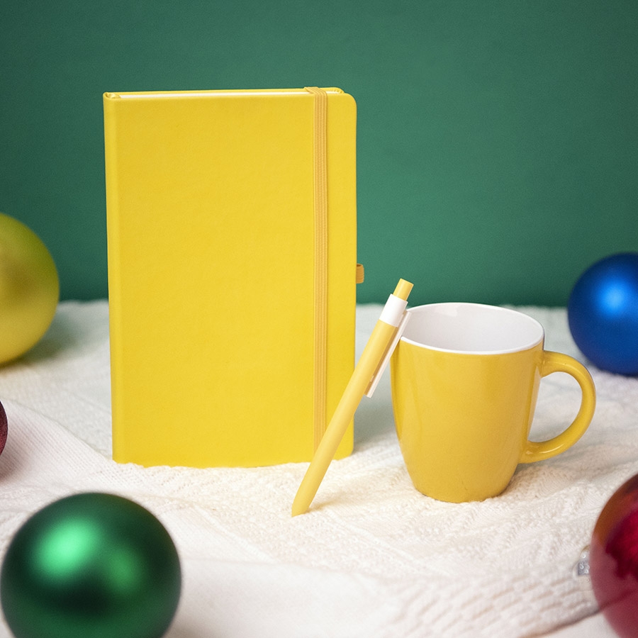 Подарочный набор HAPPINESS: блокнот, ручка, кружка, жёлтый, желтый, несколько материалов