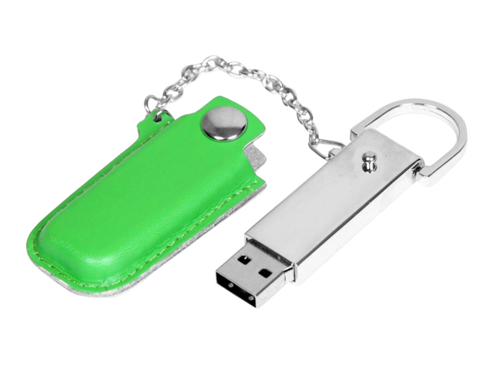 USB 2.0- флешка на 64 Гб в массивном корпусе с кожаным чехлом, зеленый, серебристый, кожа