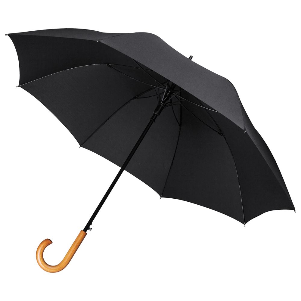 Зонт-трость Classic, черный, черный, металл, купол - эпонж, 190t; ручка - дерево; спицы - стеклопластик