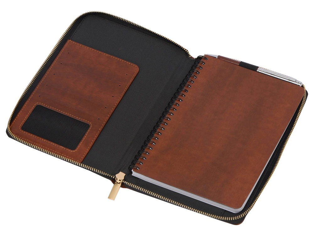Бизнес-блокнот на молнии А5 «Fabrizio» с RFID защитой и ручкой, коричневый, серебристый, кожзам