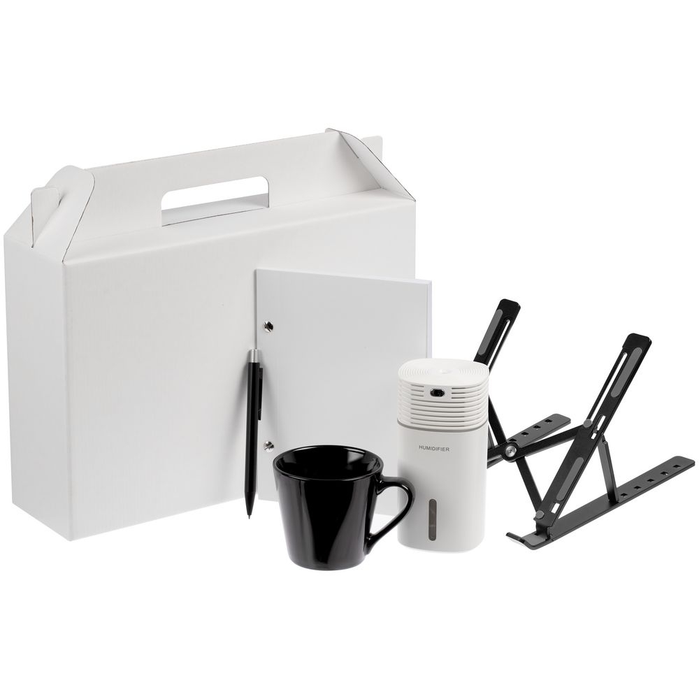 Набор Workaday, черный, черный, ручка - металл; коробка - микрогофрокартон; блокнот - картон, бумага; кружка - фаянс; подставка - алюминий, чехол - полиэстер; увлажнитель - пластик