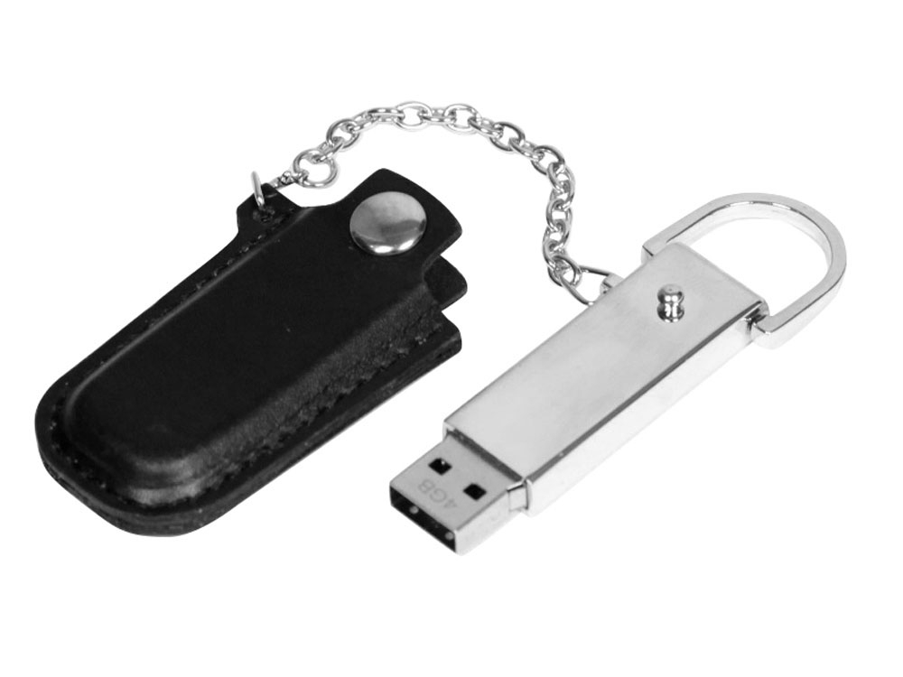 USB 2.0- флешка на 8 Гб в массивном корпусе с кожаным чехлом, черный, серебристый, кожа