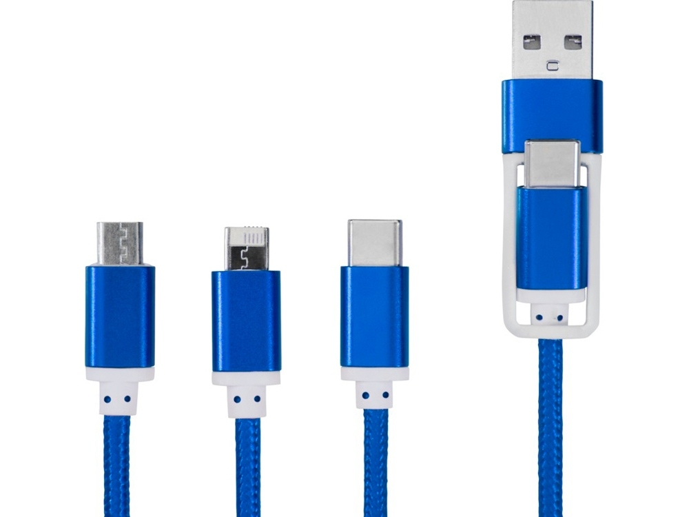 Универсальный зарядный кабель 3-в-1 с двойным входом, синий, полиэстер