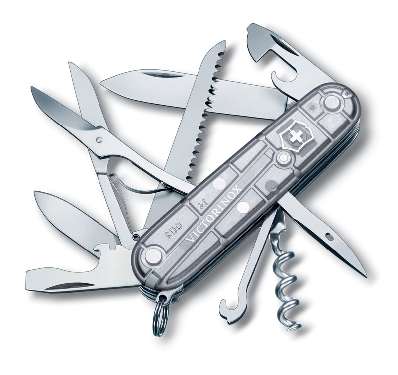 Нож перочинный VICTORINOX Huntsman, 91 мм, 15 функций, полупрозрачный серебристый, серебристый, пластик abs / cellidor
