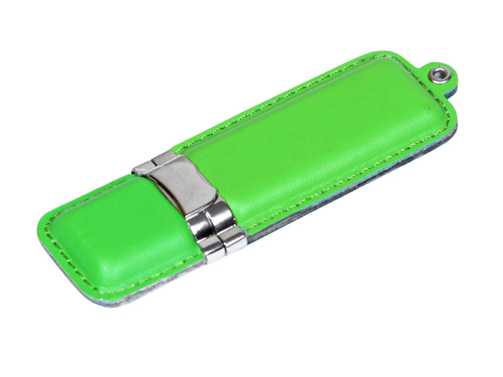 USB 2.0- флешка на 4 Гб классической прямоугольной формы, зеленый, серебристый, кожа