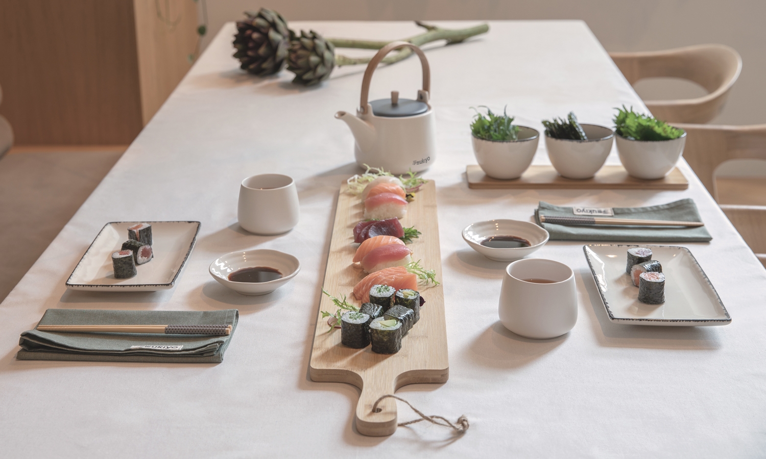 Набор керамический чайник Ukiyo с чашками, керамика; дерево