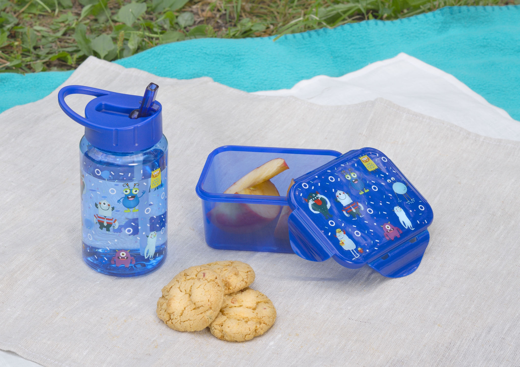 Набор с детским принтом (ланч-бокс, бутылка 0,45 л), синий, пластик пищевой