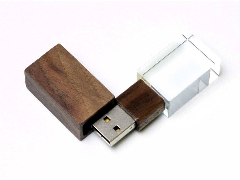 USB 2.0- флешка на 64 Гб прямоугольной формы, коричневый, белый, прозрачный, дерево, стекло
