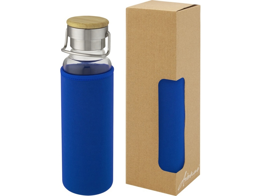 Стеклянная бутылка «Thor» с неопреновым чехлом, синий, пластик, бамбук, стекло