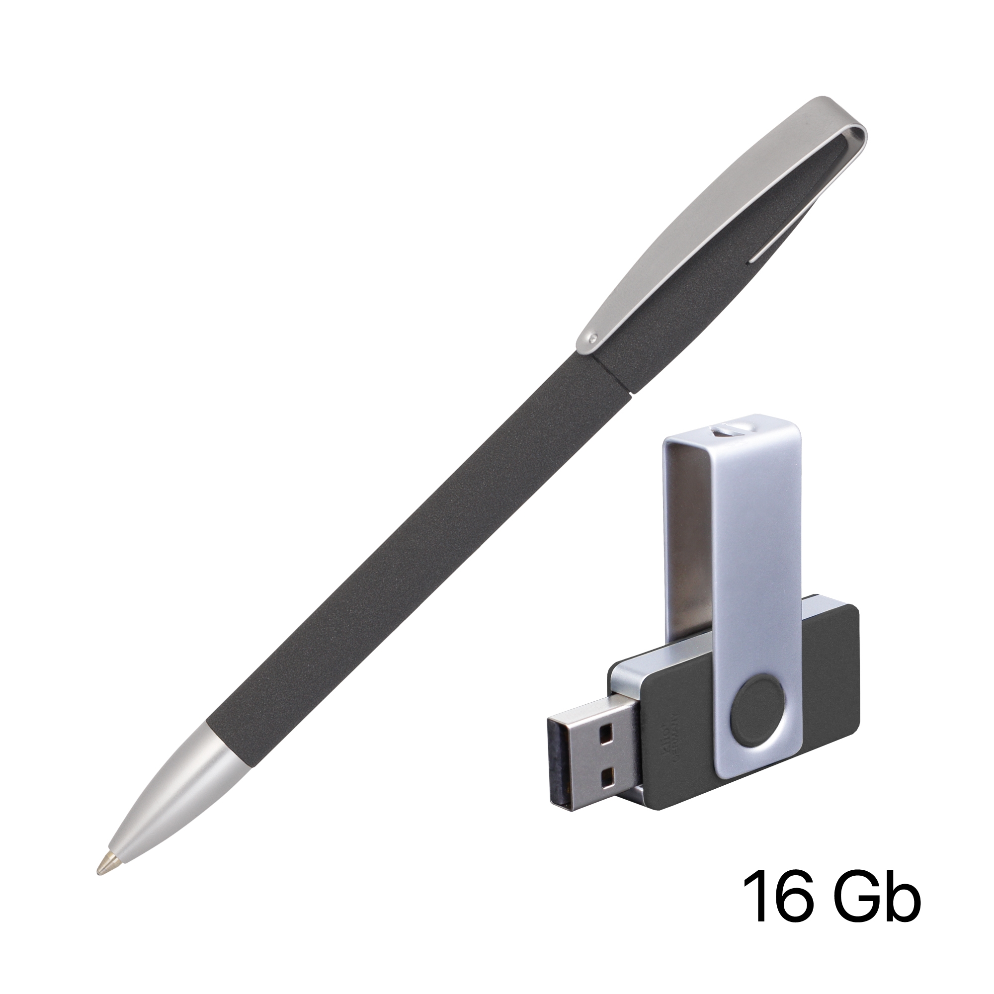Набор ручка + флеш-карта 16Гб в футляре, черный, пластик/soft grip/металл