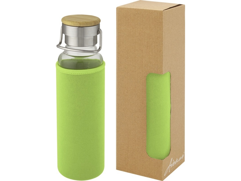 Стеклянная бутылка «Thor» с неопреновым чехлом, зеленый, пластик, бамбук, стекло