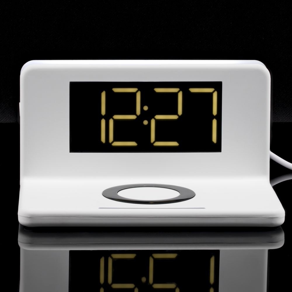 Часы настольные с беспроводным зарядным устройством Pitstop, белые, белый, пластик