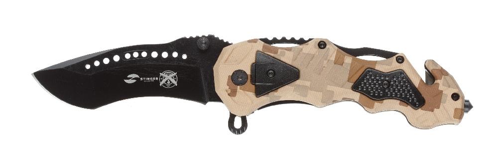 Нож складной Stinger, 100 мм, (чёрный), материал рукояти: алюминий (песочный камуфляж), разноцветный