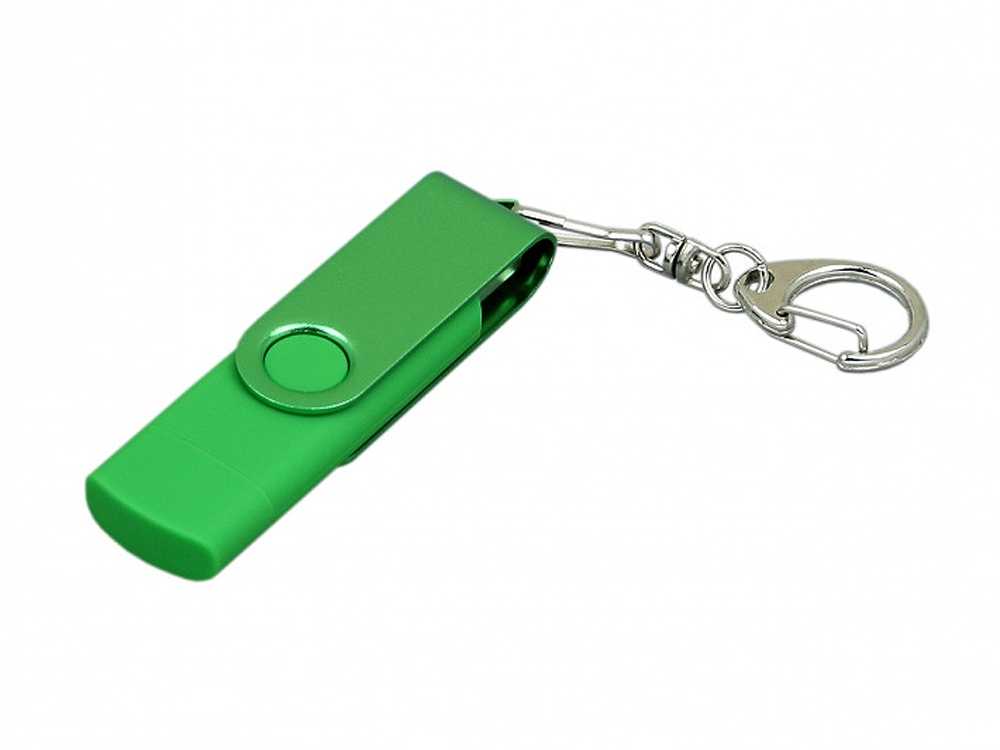 USB 2.0- флешка на 32 Гб с поворотным механизмом и дополнительным разъемом Micro USB, зеленый, soft touch