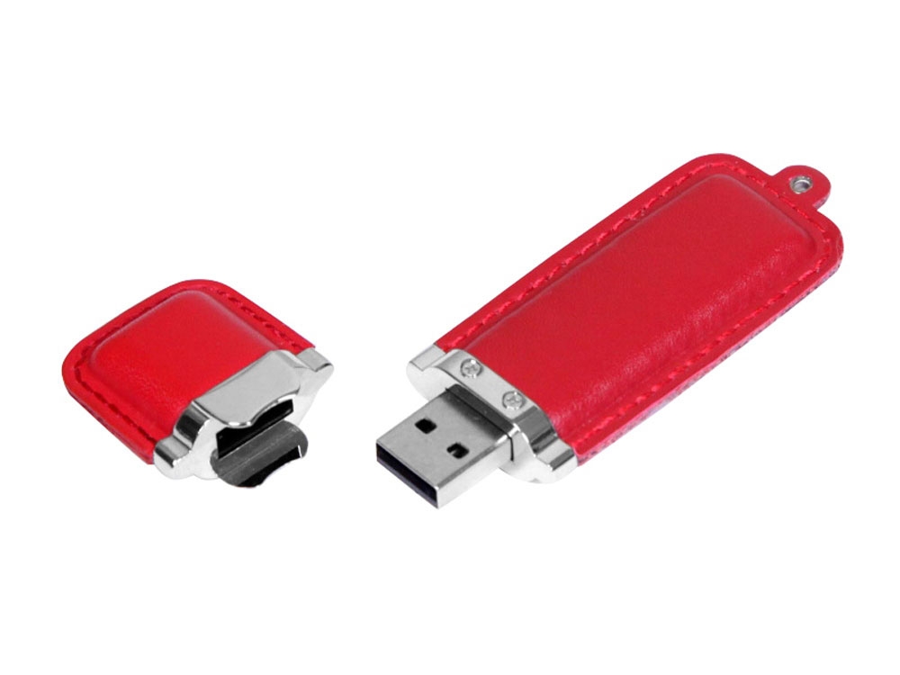 USB 3.0- флешка на 32 Гб классической прямоугольной формы, красный, серебристый, кожа