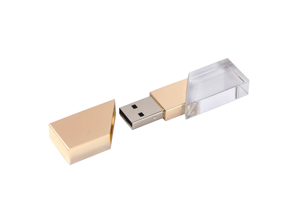 USB 2.0- флешка на 64 Гб кристалл в металле, желтый, металл, стекло