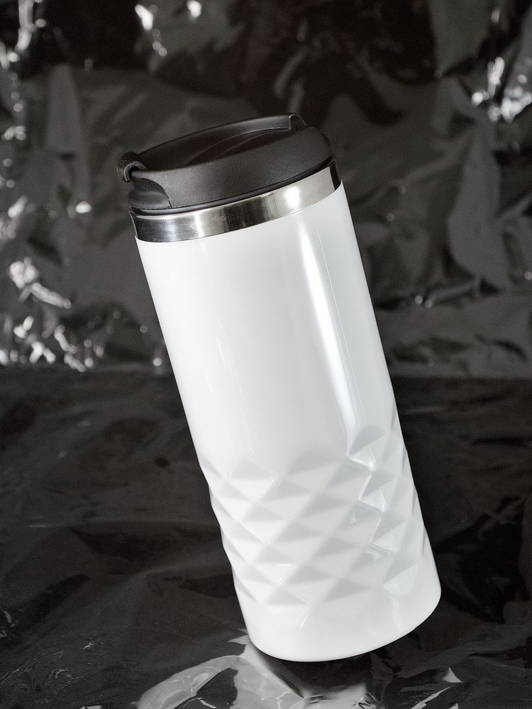 Термостакан Prism, белый, белый, наружная стенка корпуса, крышка - пластик; внутренняя стенка - нержавеющая сталь