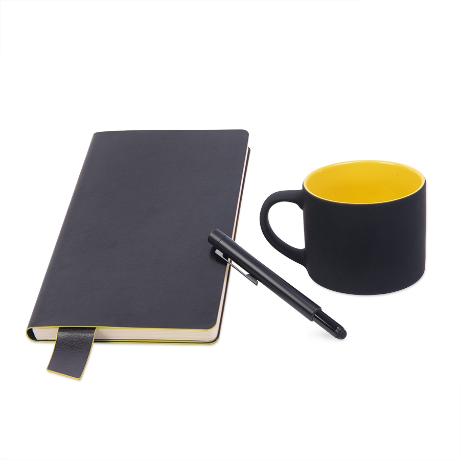 Подарочный набор DAILY COLOR: кружка, бизнес-блокнот, ручка с флешкой 4 ГБ, черный/желтый, черный, желтый, несколько материалов