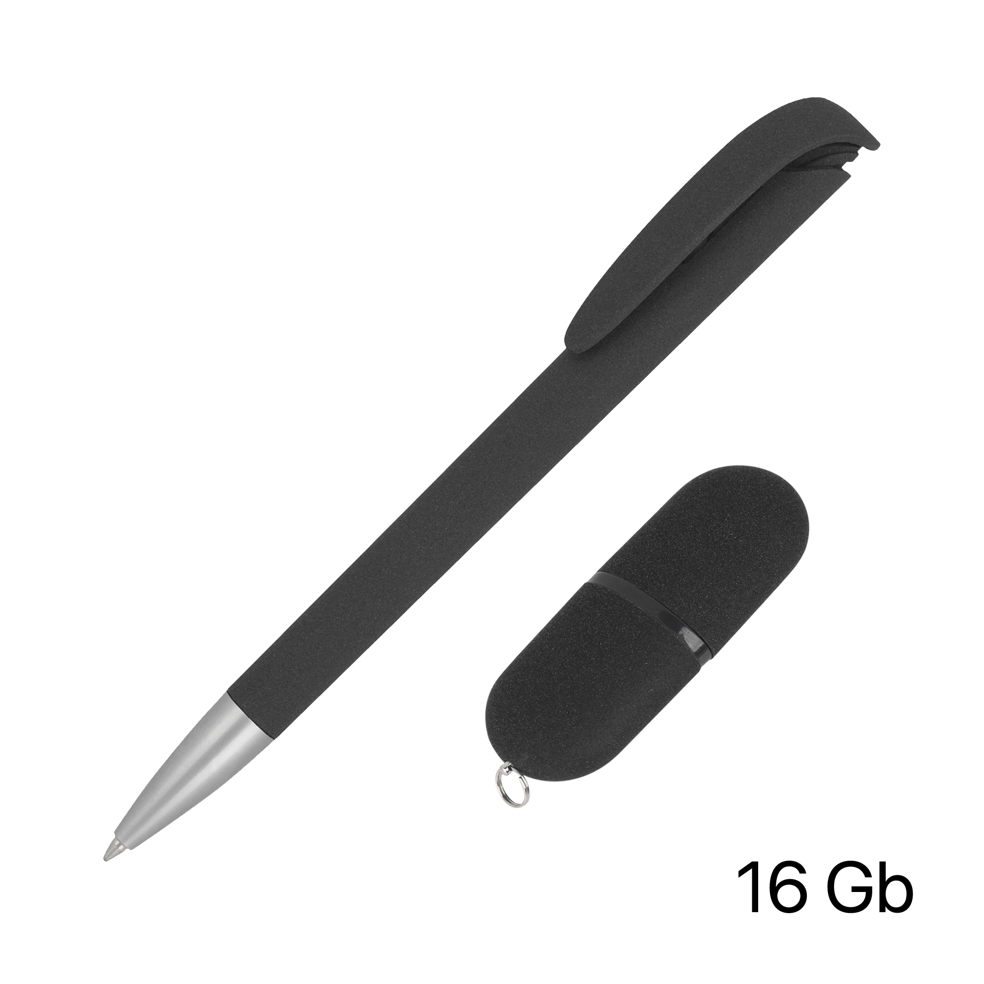 Набор ручка + флеш-карта 16 Гб в футляре, черный, покрытие soft grip, черный, пластик/soft grip