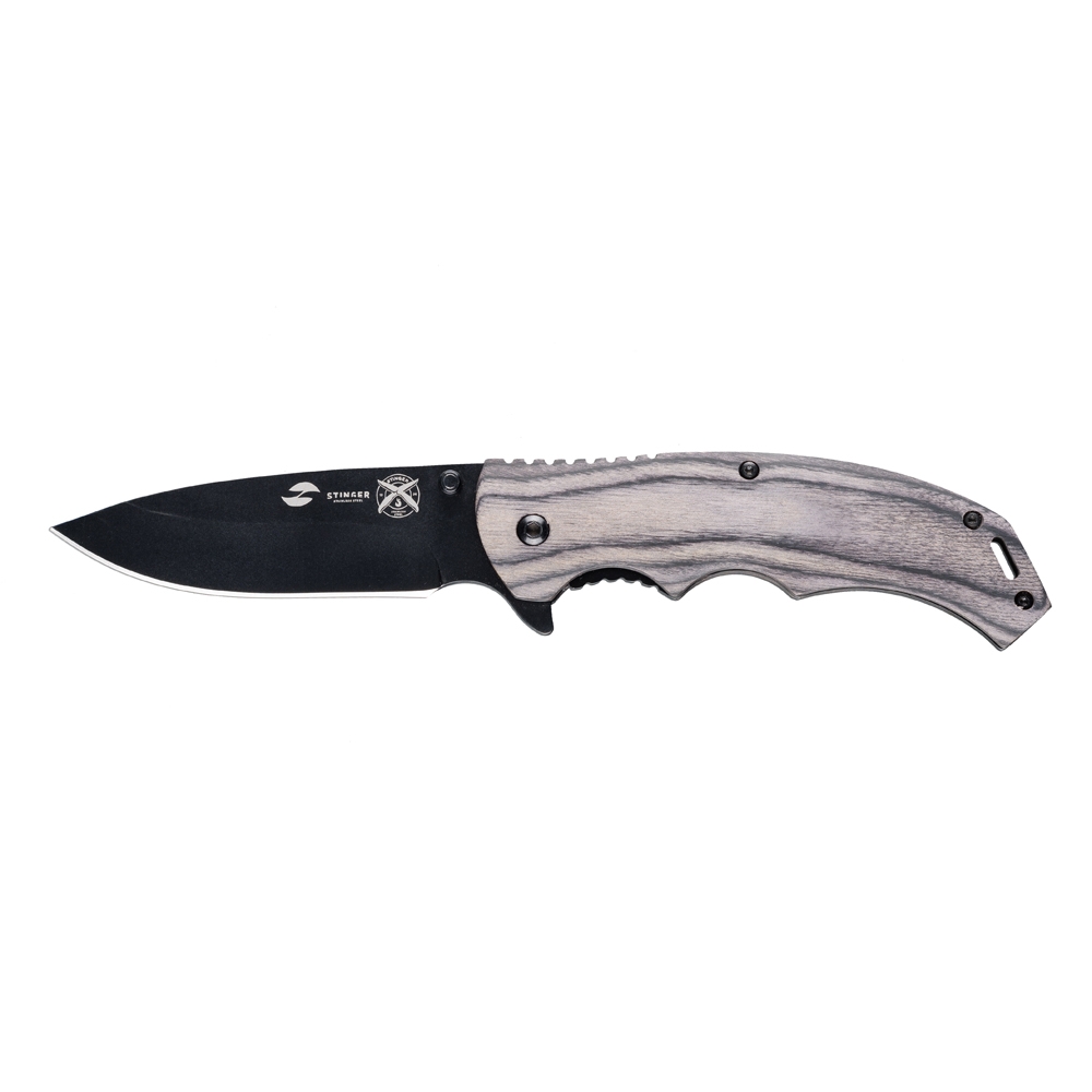 Нож складной Stinger, 120 мм, (чёрный), материал рукояти: дерево/сталь (серый), в картонной коробке, серый, нержавеющая сталь, нержавеющая сталь, дерево