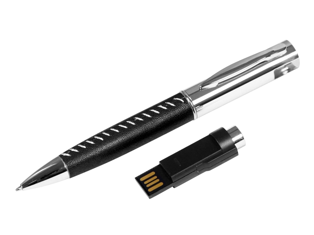 USB 2.0- флешка на 16 Гб в виде ручки с мини чипом, черный, серебристый, кожзам