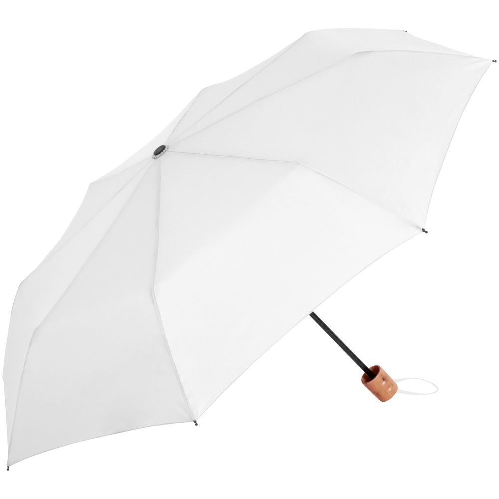 Зонт складной OkoBrella, белый, белый, купол - эпонж, из переработанного пластика; каркас - сталь; ручка - дерево