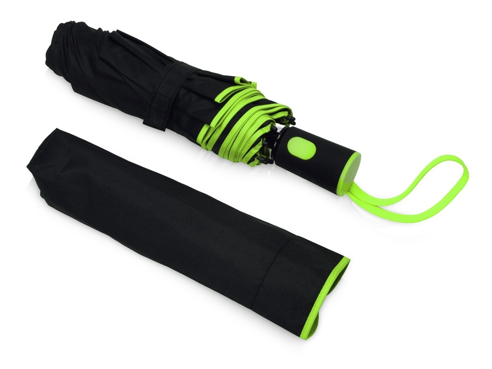 Зонт складной «Motley» с цветными спицами, черный, зеленый, полиэстер, soft touch
