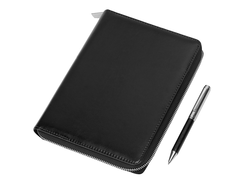 Бизнес-блокнот на молнии А5 «Fabrizio» с RFID защитой и ручкой, черный, серебристый, кожзам