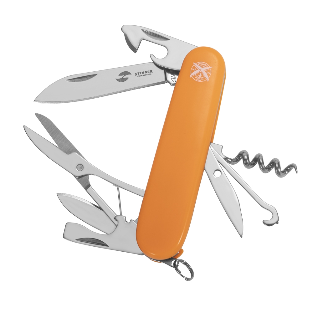 Нож перочинный Stinger, 90 мм, 13 функций, материал рукояти: АБС-пластик (оранжевый), в блистере, оранжевый, пластик