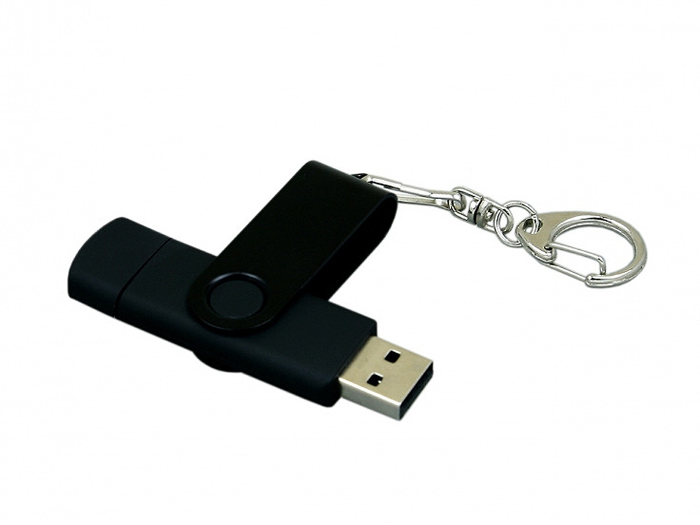 USB 2.0- флешка на 32 Гб с поворотным механизмом и дополнительным разъемом Micro USB, черный, soft touch