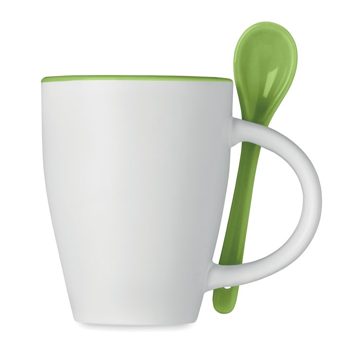 Чашка с ложкой, зеленый, керамика