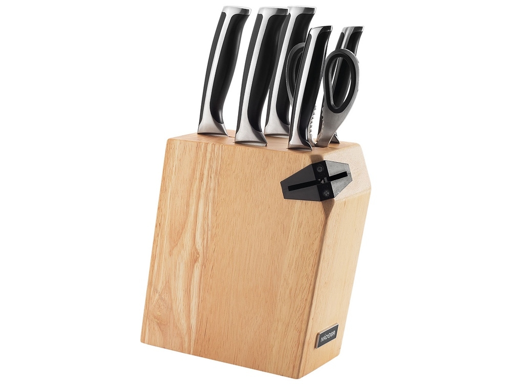 Набор из 5 кухонных ножей, ножниц и блока для ножей с ножеточкой «URSA», черный, серебристый, бежевый, пластик, металл