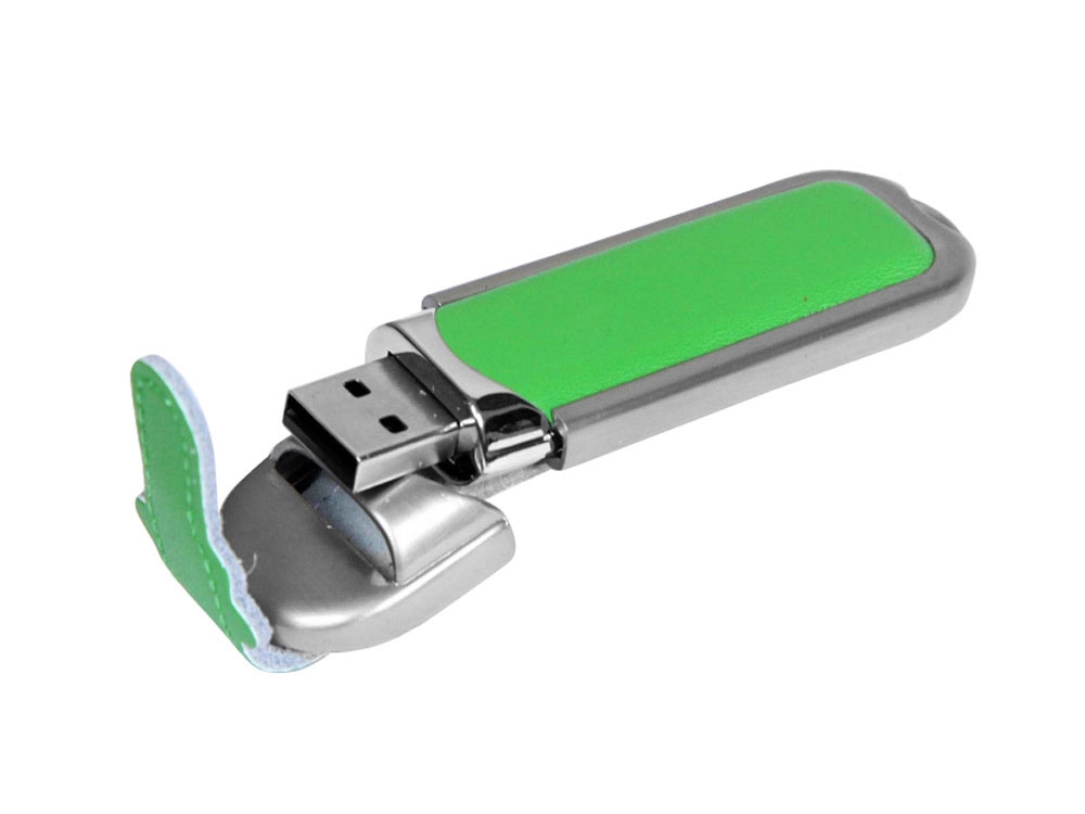 USB 2.0- флешка на 4 Гб с массивным классическим корпусом, зеленый, серебристый, кожа