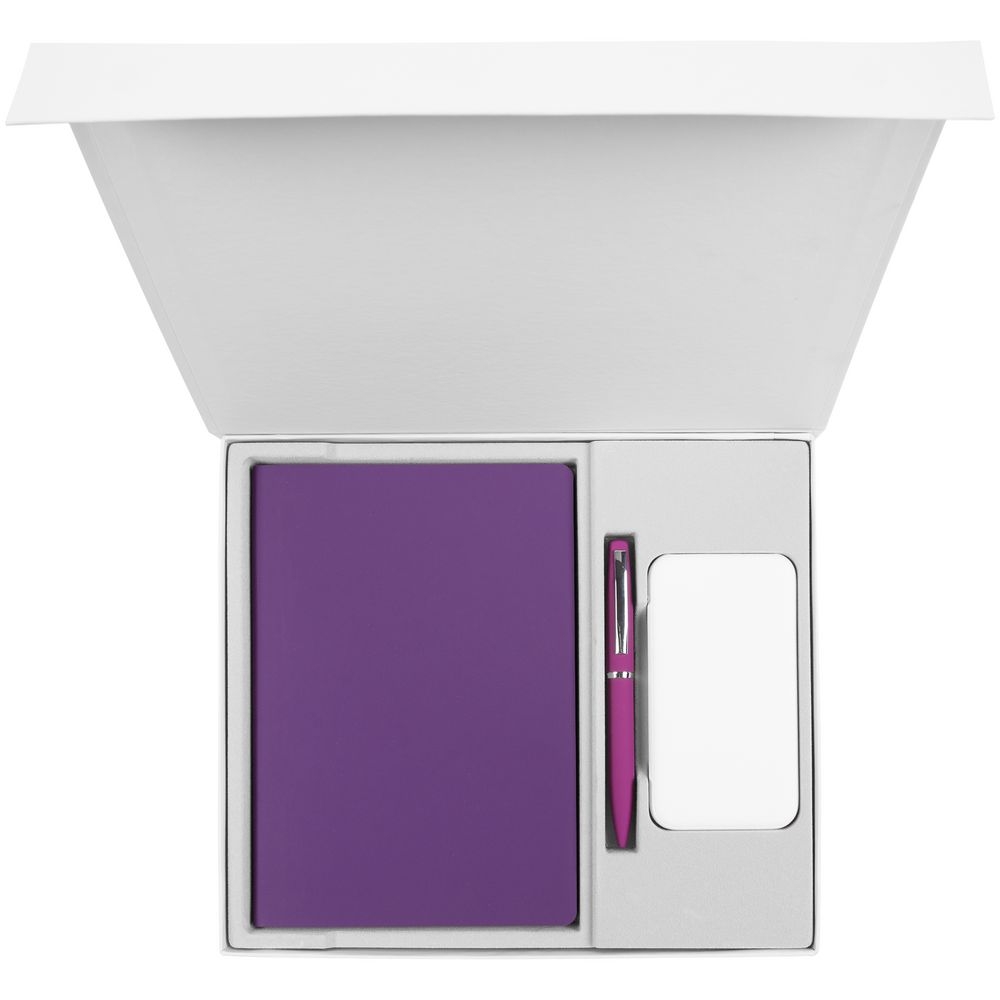 Набор Flex Shall Recharge, фиолетовый, фиолетовый, пластик; коробка - переплетный картон, ежедневник - искусственная кожа; ручка - металл, покрытие софт-тач , покрытие софт-тач ; внешний аккумулятор - покрытие софт-тач