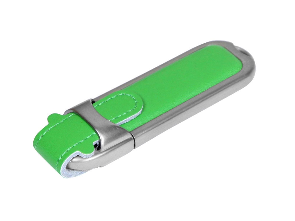USB 3.0- флешка на 64 Гб с массивным классическим корпусом, зеленый, серебристый, кожа