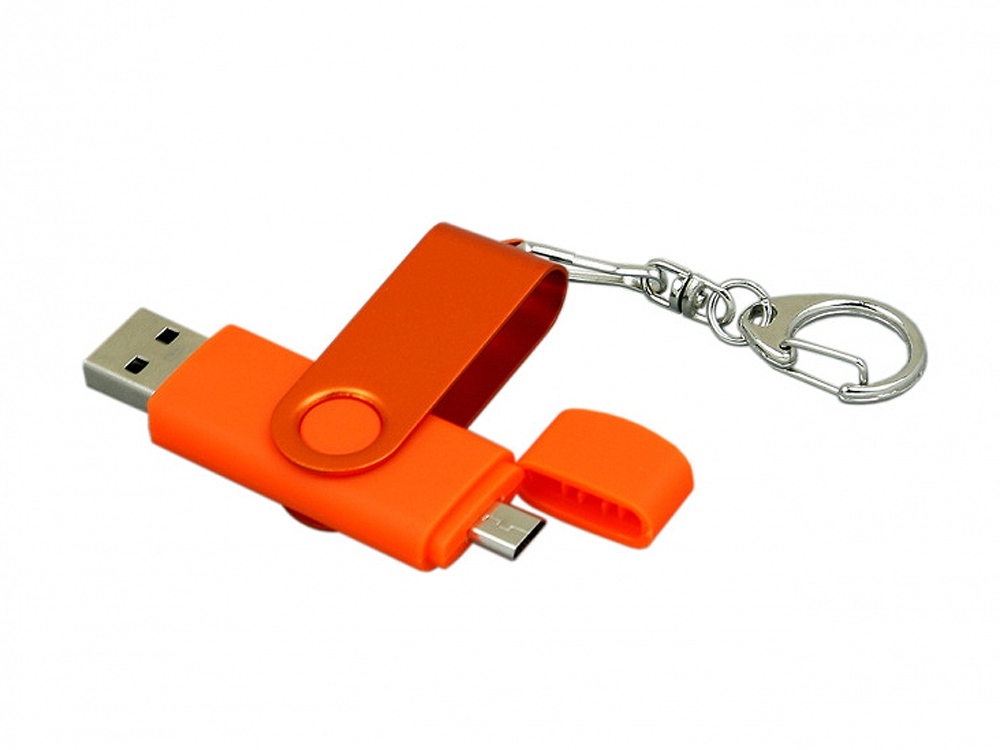 USB 2.0- флешка на 32 Гб с поворотным механизмом и дополнительным разъемом Micro USB, оранжевый, soft touch