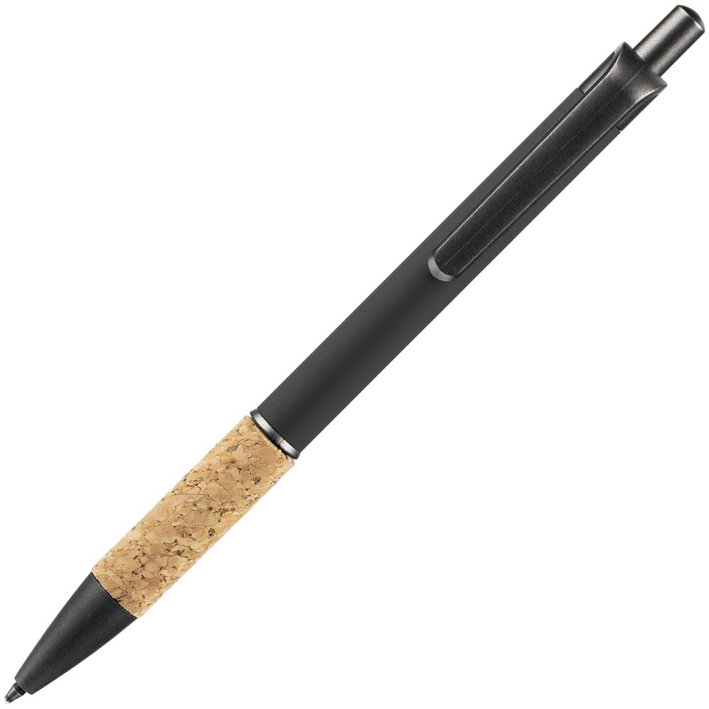 Ручка шариковая Cork, черная, черный, корпус - металл; покрытие софт-тач; грип - пробка; носик, кнопка и клип - пластик