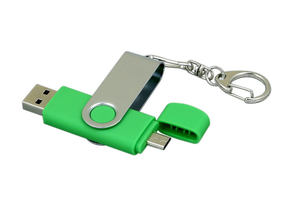 USB 2.0- флешка на 64 Гб с поворотным механизмом и дополнительным разъемом Micro USB, зеленый, серебристый, пластик, металл