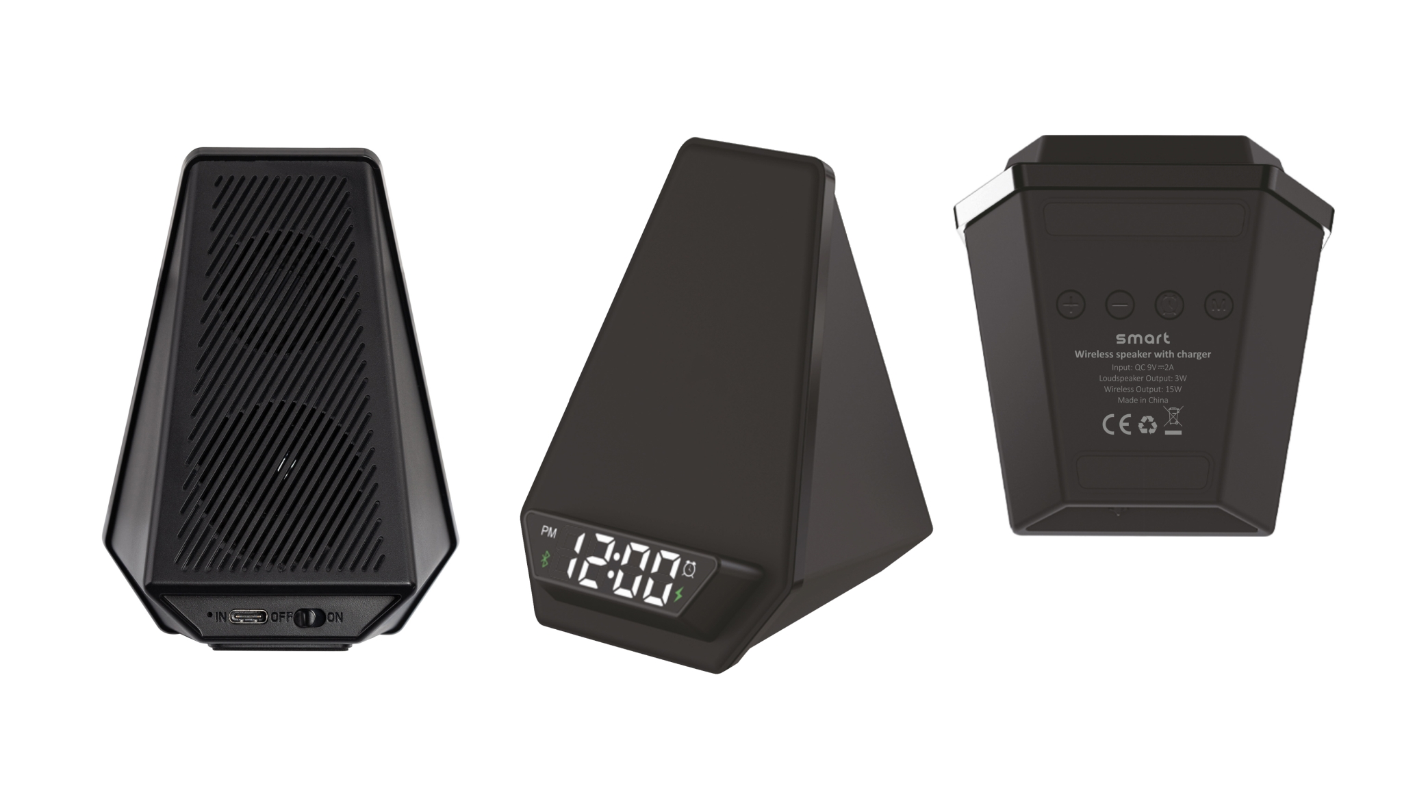 Настольная Bluetooth колонка (3Вт) "Smart Pyramid" с часами и беспроводным (15W) зарядным устройством, с подсветкой логотипа, черный, пластик