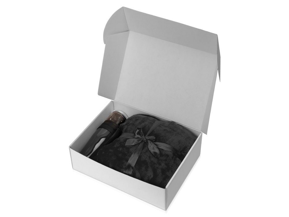 Подарочный набор «Tasty hygge» с пледом, термокружкой и миндалем в шоколадной глазури, черный, полиэстер, флис