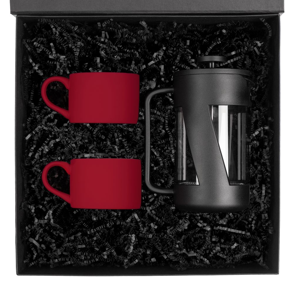 Набор для чая на 2 персоны Best Morning, красный, красный, пластик, нержавеющая сталь; коробка - переплетный картон, покрытие софт-тач; чайная пара - фарфор; френч-пресс - боросиликатное стекло