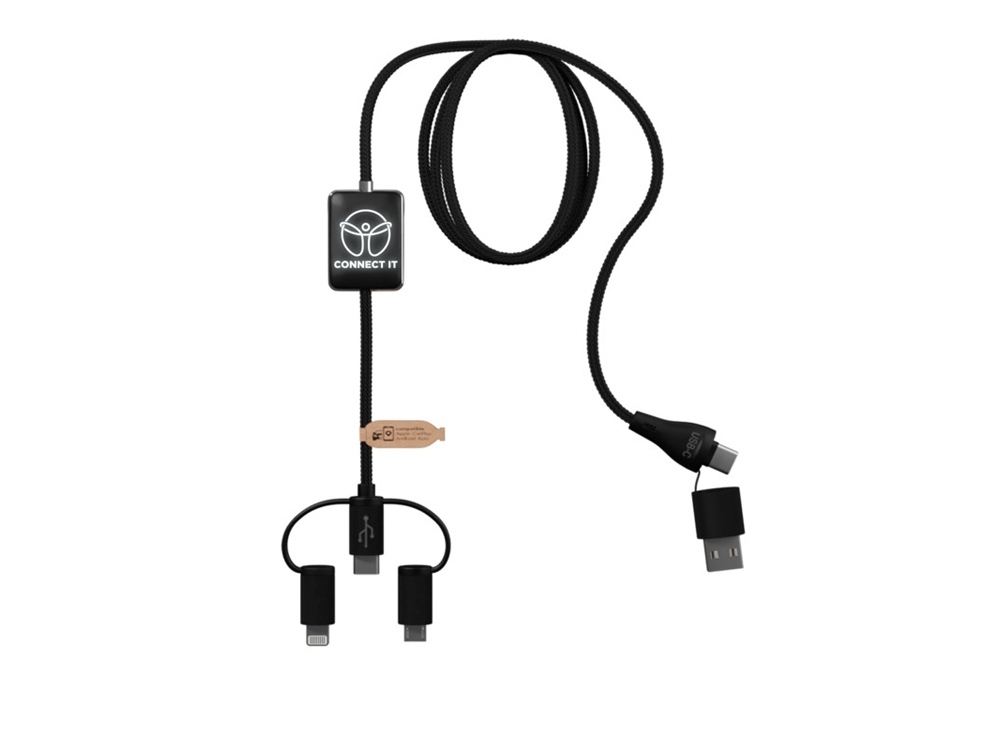 Зарядный кабель 5 в 1 с поддержкой передачи данных и двойным светящимся логотипом, черный, пластик