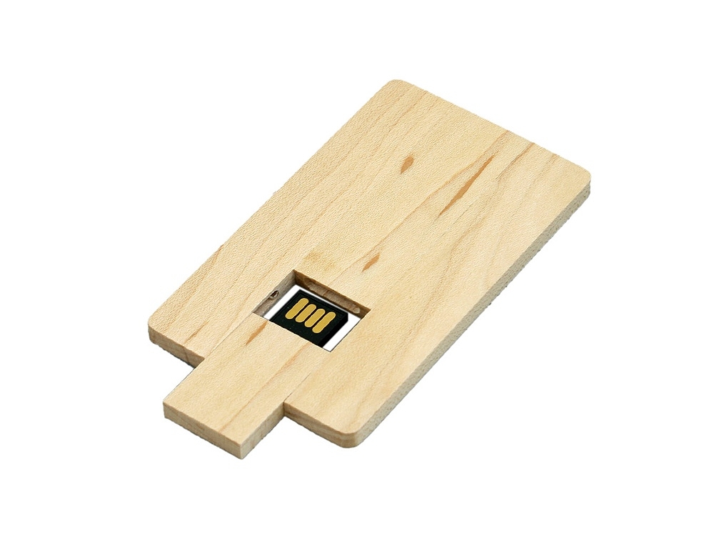 USB 2.0- флешка на 64 Гб в виде деревянной карточки с выдвижным механизмом, натуральный, дерево