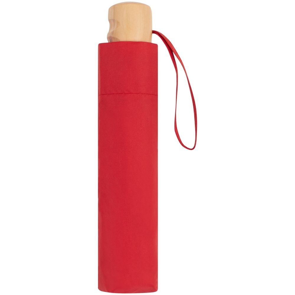 Зонт складной OkoBrella, красный, красный, купол - эпонж, из переработанного пластика; каркас - сталь; ручка - дерево