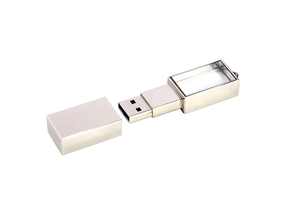 USB 2.0- флешка на 2 Гб кристалл в металле, серебристый, металл, стекло