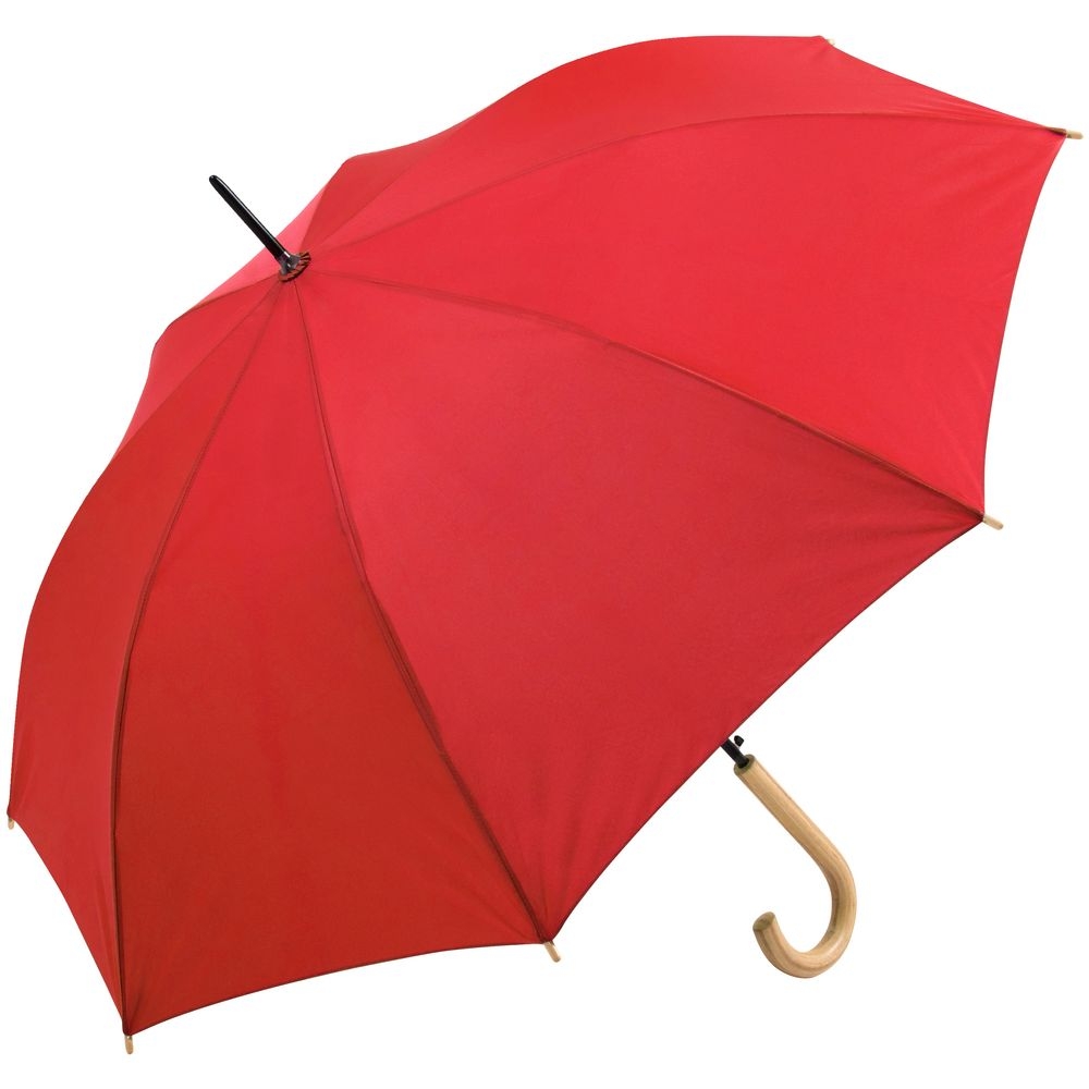 Зонт-трость OkoBrella, красный, красный, купол - эпонж, оцинкованная сталь, из переработанного пластика; ручка - дерево; каркас - стеклопластик