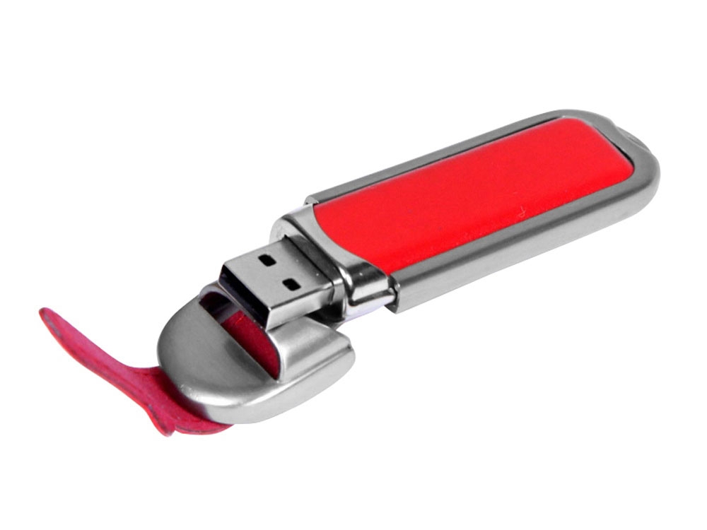USB 3.0- флешка на 32 Гб с массивным классическим корпусом, красный, серебристый, кожа