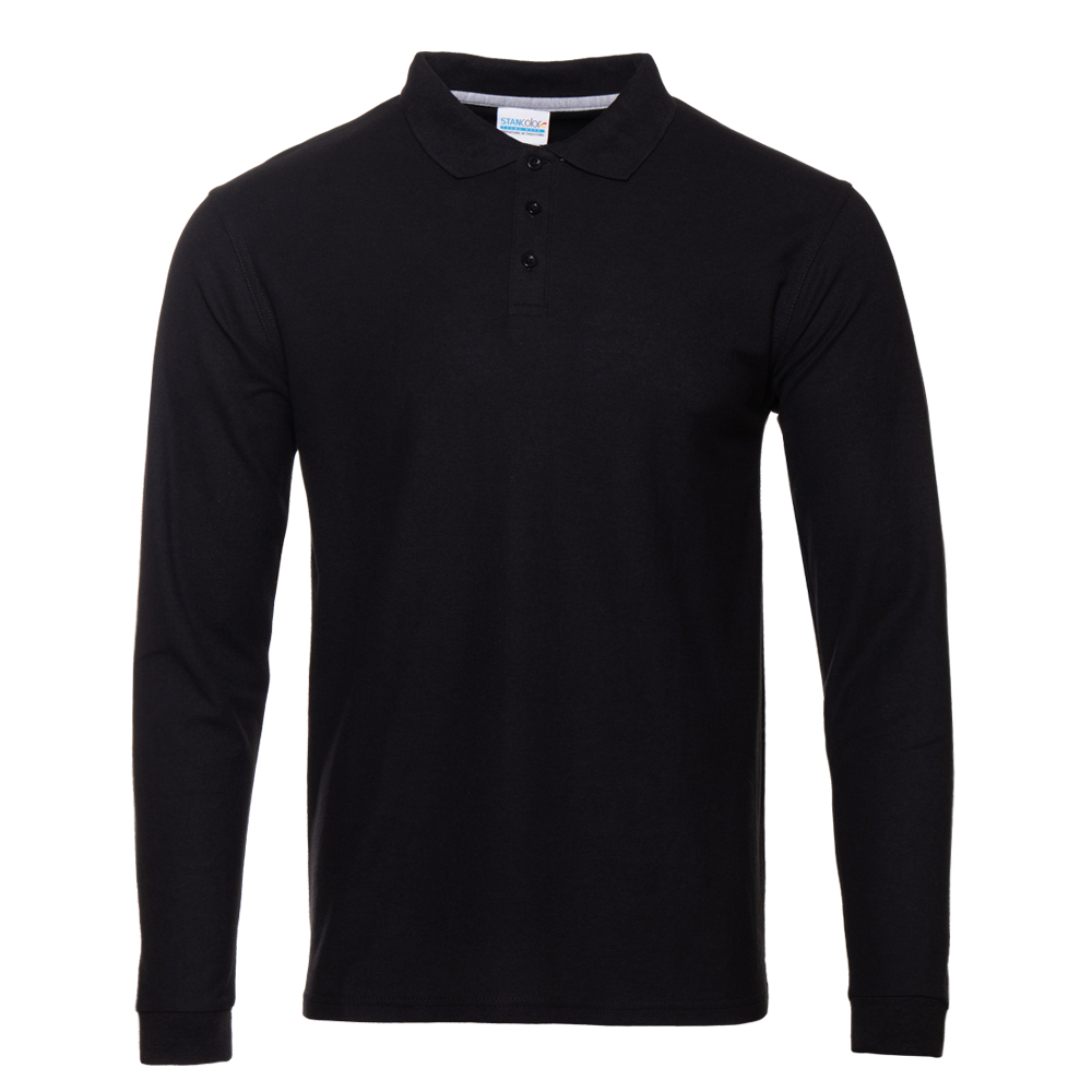 Рубашка поло мужская STAN длинный рукав хлопок/полиэстер 185, 04S, Чёрный, 185 гр/м2, хлопок