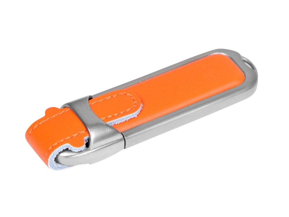 USB 3.0- флешка на 32 Гб с массивным классическим корпусом, оранжевый, серебристый, кожа